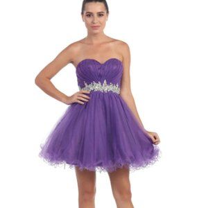 RUFFLED SHORT STRAPLESS DRESS WITH BEADED WAIST BY STAR BOX 598 (PURPLE)
